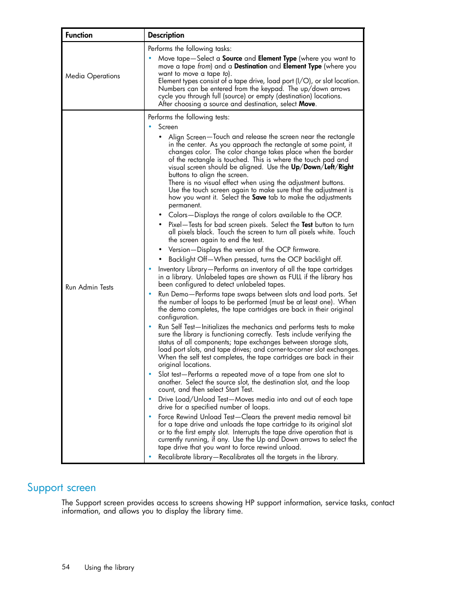 Support screen | HP EML E-series Tape Libraries User Manual | Page 54 / 136