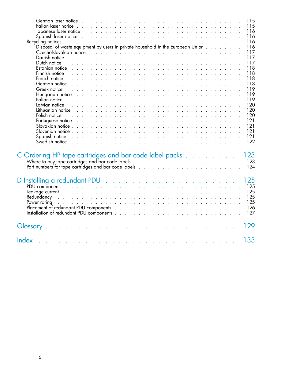 D installing a redundant pdu, Glossary index | HP EML E-series Tape Libraries User Manual | Page 6 / 136