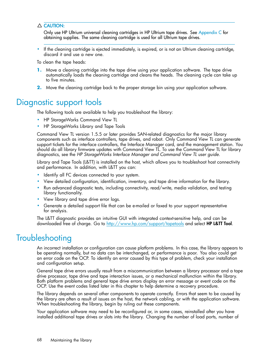 Diagnostic support tools, Troubleshooting | HP EML E-series Tape Libraries User Manual | Page 68 / 136