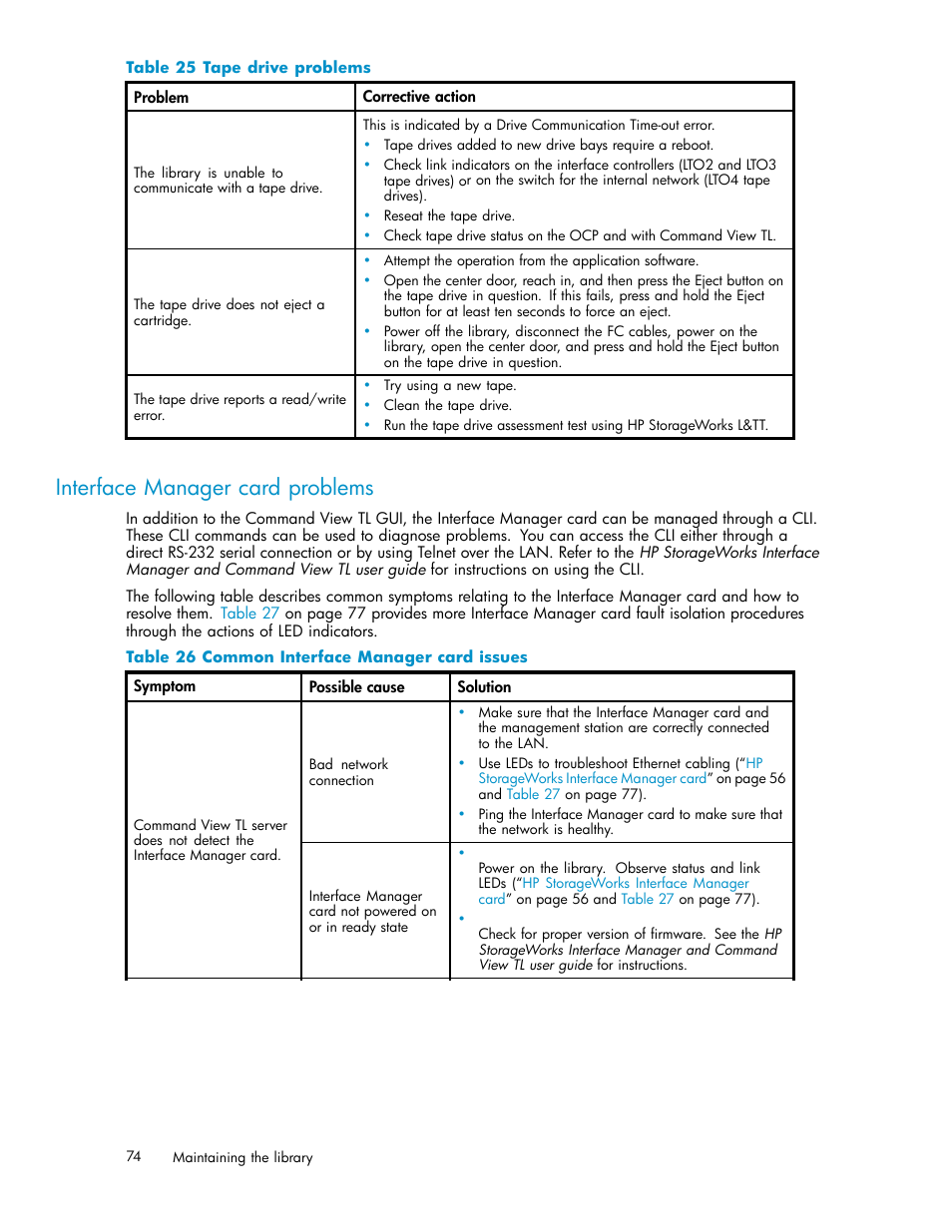 Interface manager card problems, 25 tape drive problems, 26 common interface manager card issues | Table 25, Table 26 | HP EML E-series Tape Libraries User Manual | Page 74 / 136
