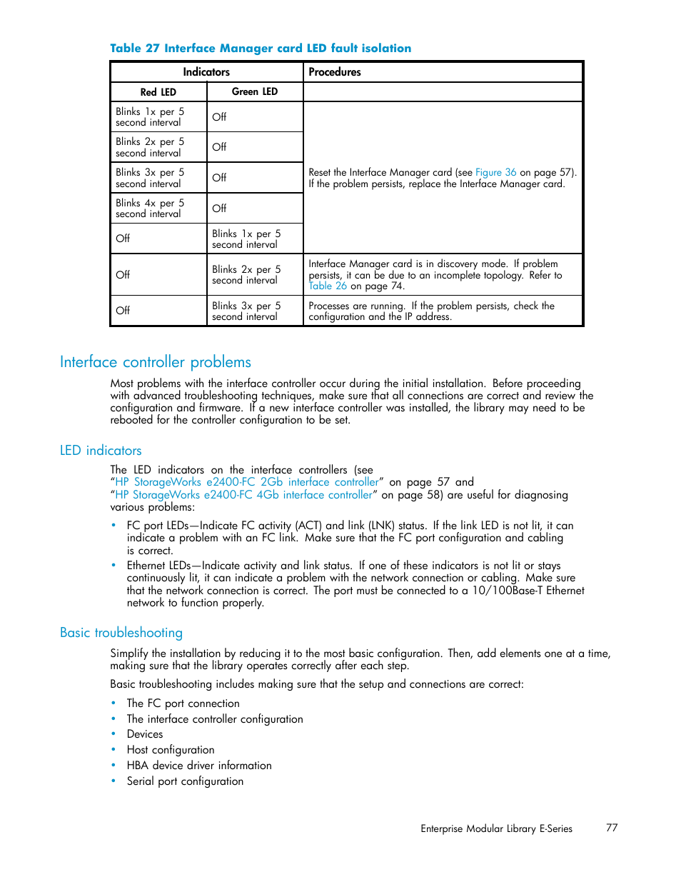 Interface controller problems, Led indicators, Basic troubleshooting | 27 interface manager card led fault isolation, Table 27, Interface controller, Problems | HP EML E-series Tape Libraries User Manual | Page 77 / 136