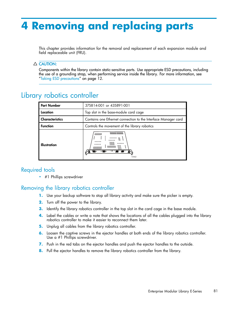 4 removing and replacing parts, Library robotics controller, Required tools | Removing the library robotics controller | HP EML E-series Tape Libraries User Manual | Page 81 / 136