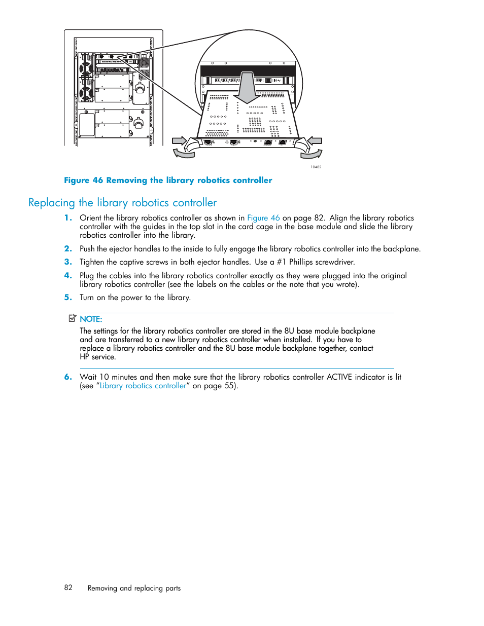 Replacing the library robotics controller, 46 removing the library robotics controller | HP EML E-series Tape Libraries User Manual | Page 82 / 136