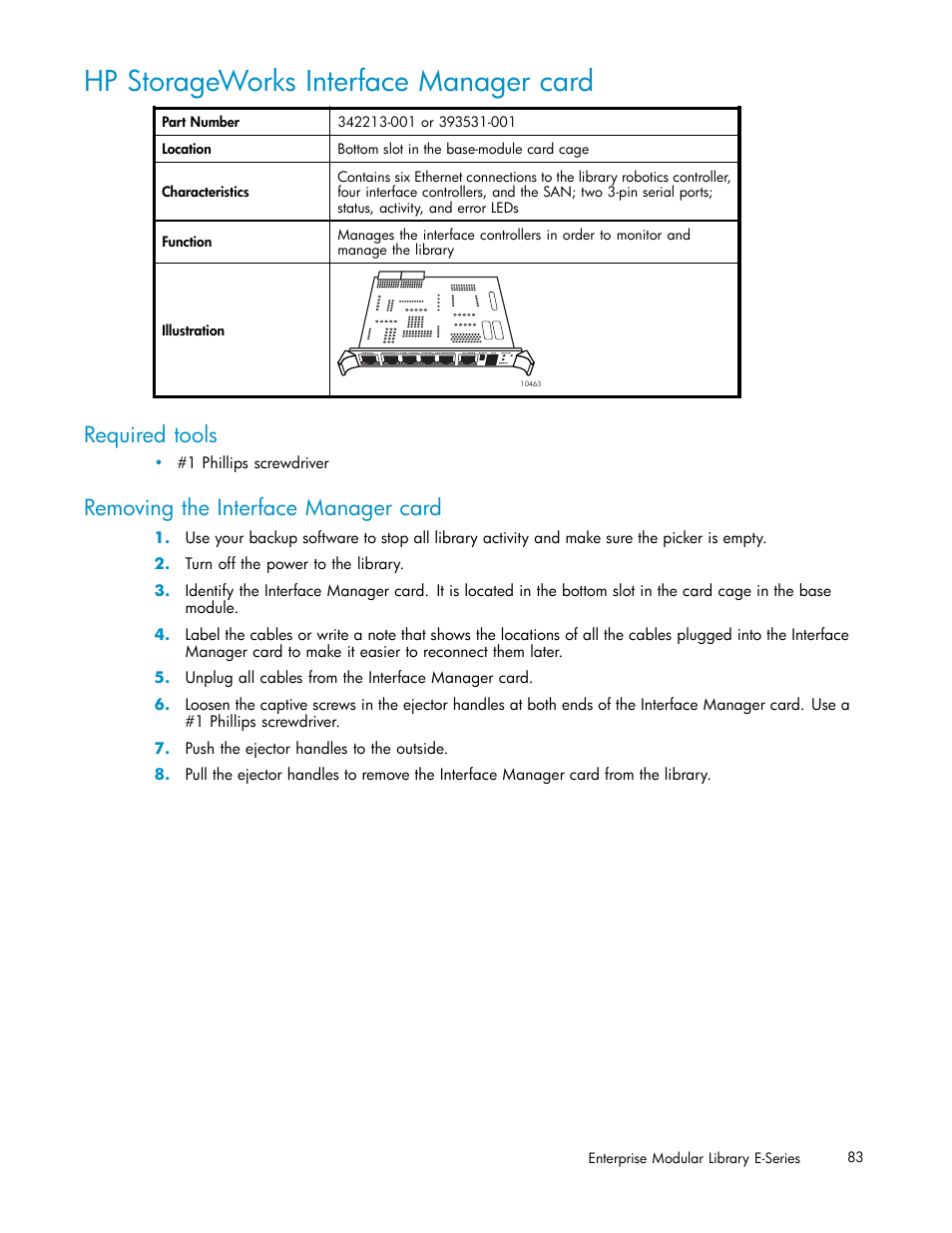 Hp storageworks interface manager card, Required tools, Removing the interface manager card | HP EML E-series Tape Libraries User Manual | Page 83 / 136