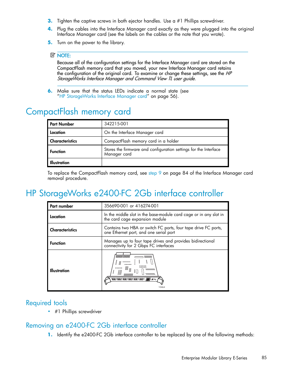 Compactflash memory card, Hp storageworks e2400-fc 2gb interface controller, Required tools | Removing an e2400-fc 2gb interface controller | HP EML E-series Tape Libraries User Manual | Page 85 / 136
