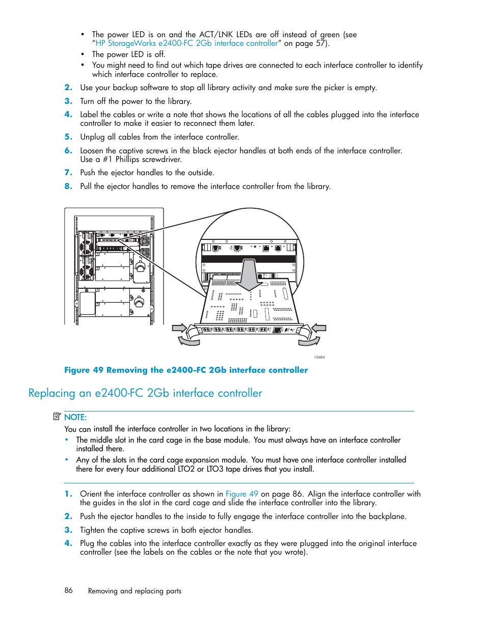 Replacing an e2400-fc 2gb interface controller, 49 removing the e2400-fc 2gb interface controller | HP EML E-series Tape Libraries User Manual | Page 86 / 136