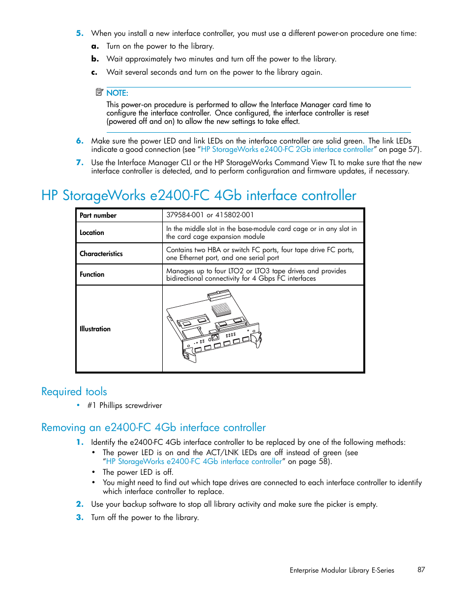 Hp storageworks e2400-fc 4gb interface controller, Required tools, Removing an e2400-fc 4gb interface controller | HP EML E-series Tape Libraries User Manual | Page 87 / 136