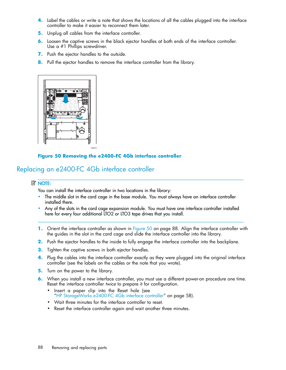Replacing an e2400-fc 4gb interface controller, 50 removing the e2400-fc 4gb interface controller | HP EML E-series Tape Libraries User Manual | Page 88 / 136