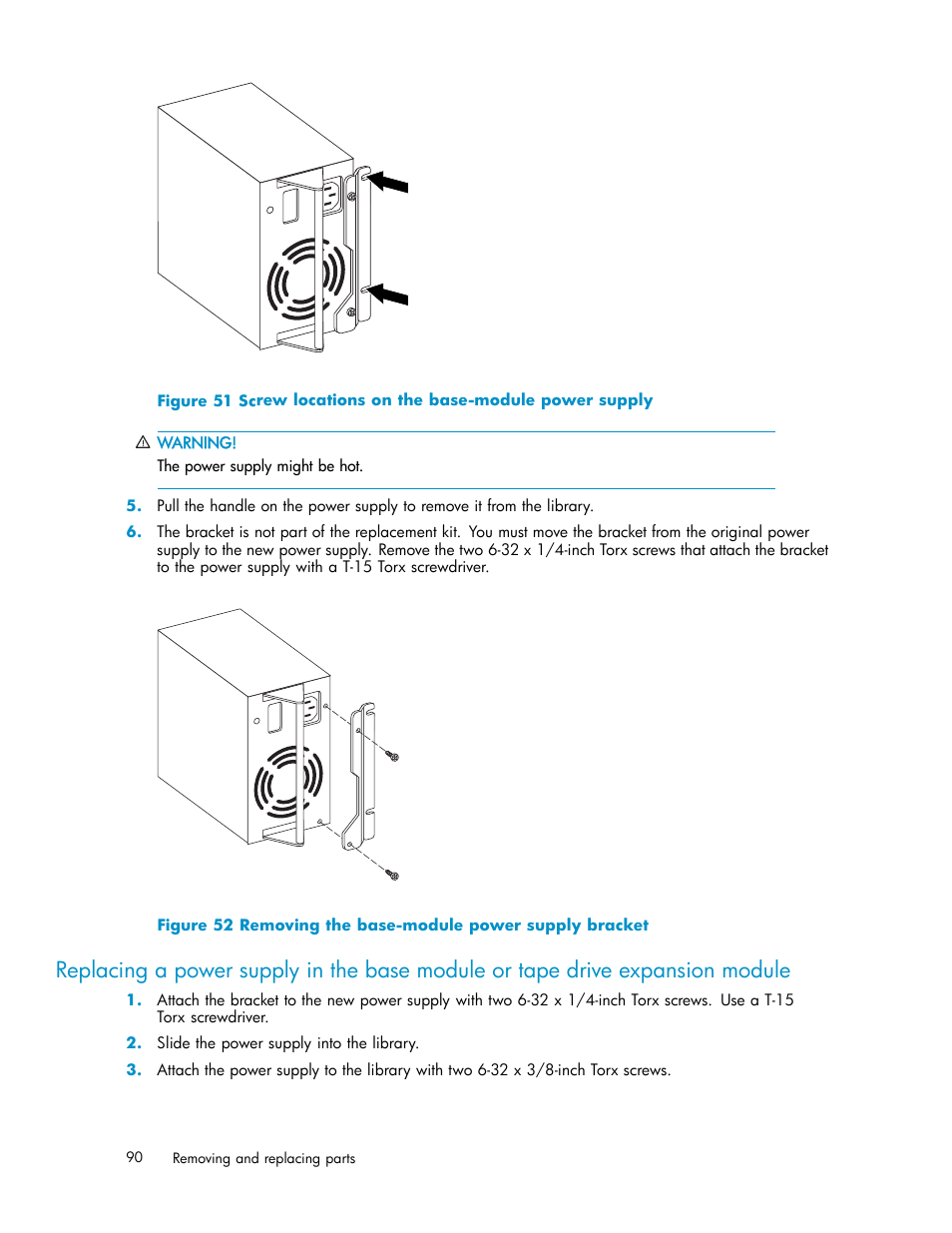51 screw locations on the base-module power supply, 52 removing the base-module power supply bracket | HP EML E-series Tape Libraries User Manual | Page 90 / 136