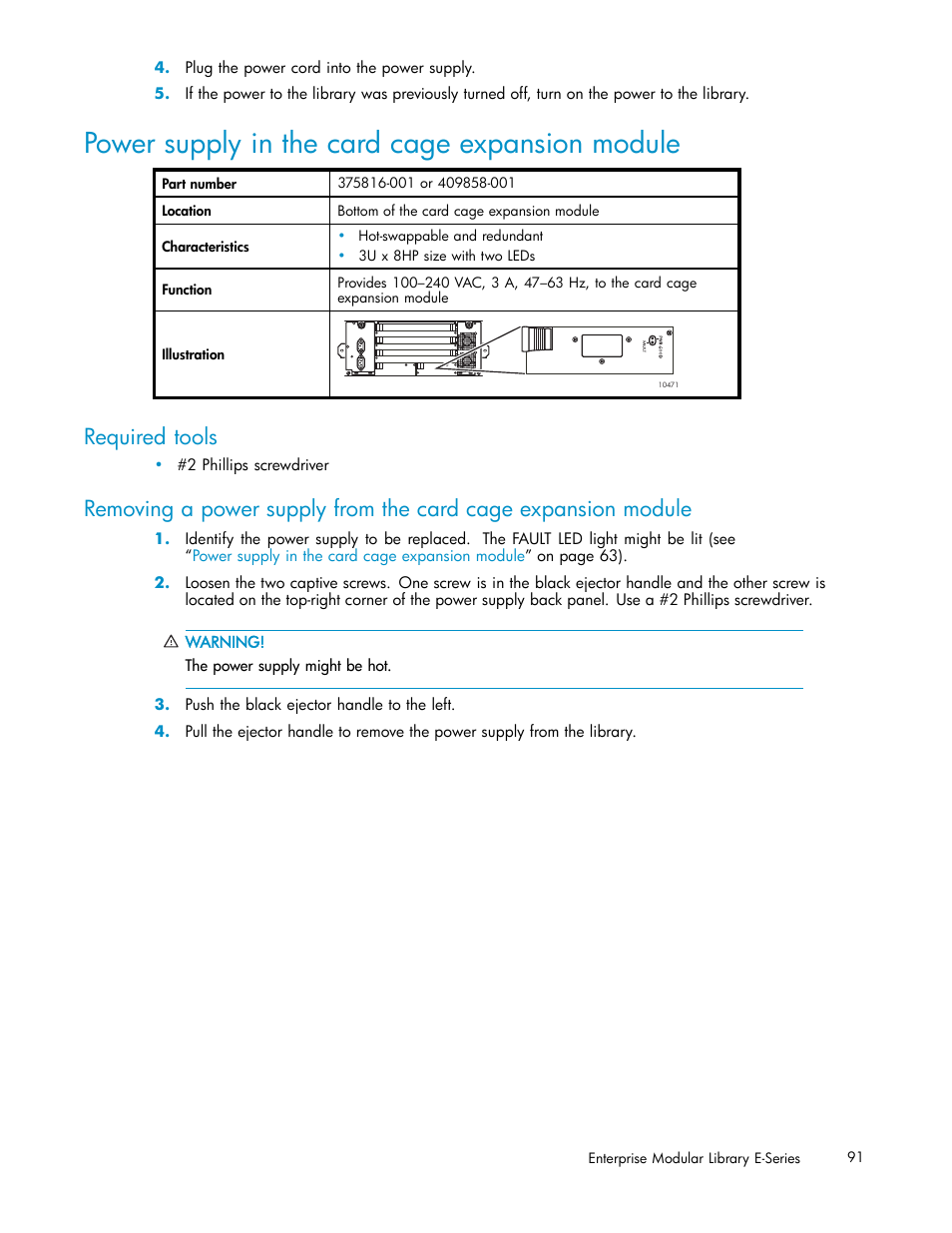 Power supply in the card cage expansion module, Required tools | HP EML E-series Tape Libraries User Manual | Page 91 / 136
