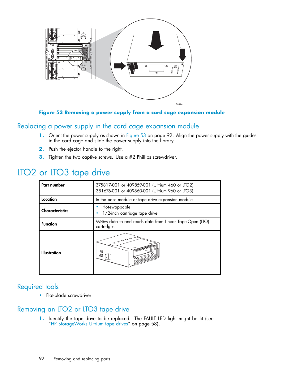 Lto2 or lto3 tape drive, Required tools, Removing an lto2 or lto3 tape drive | HP EML E-series Tape Libraries User Manual | Page 92 / 136