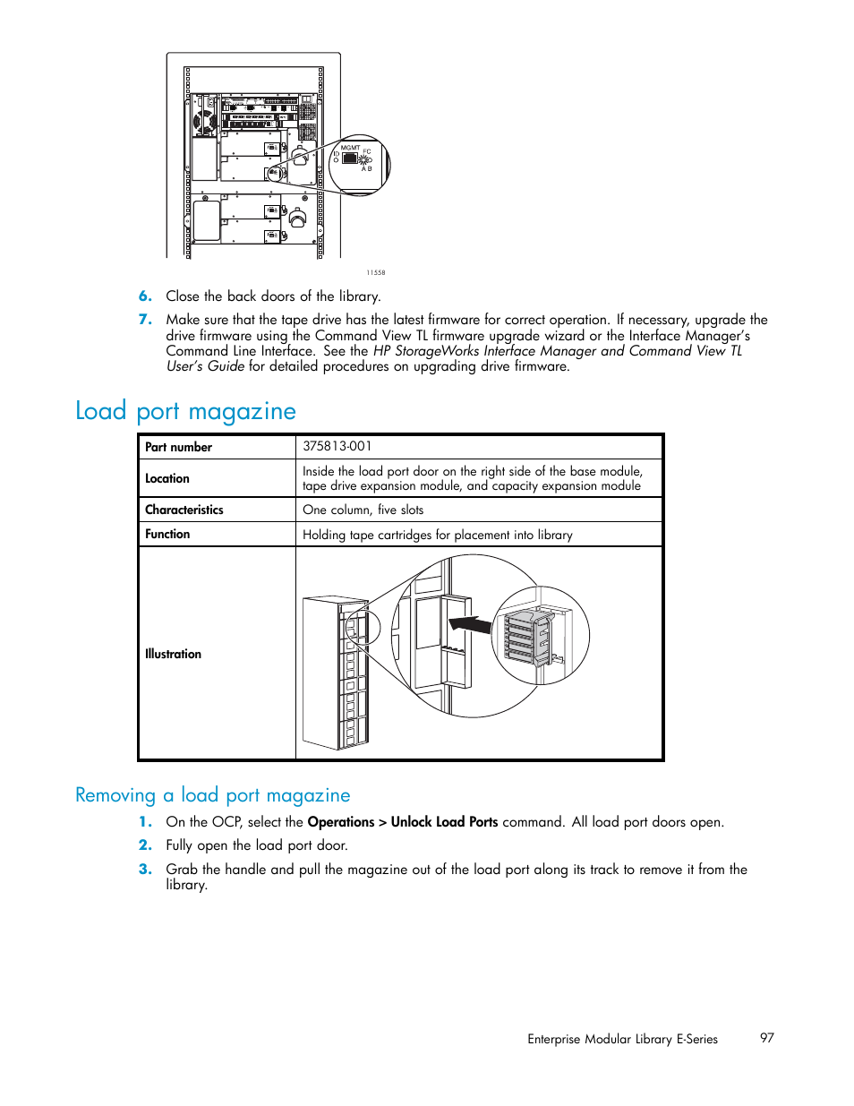 Load port magazine, Removing a load port magazine | HP EML E-series Tape Libraries User Manual | Page 97 / 136