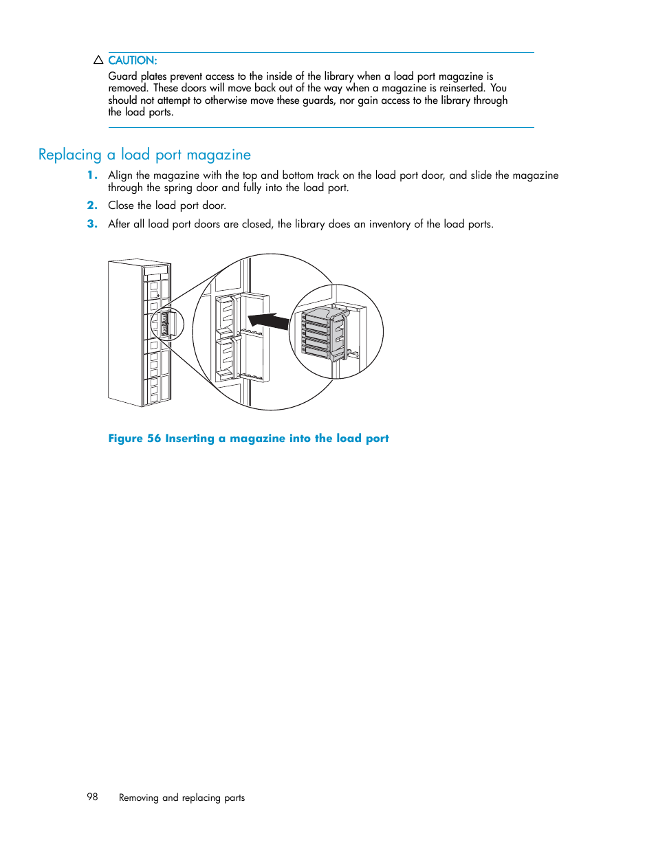 Replacing a load port magazine, 56 inserting a magazine into the load port | HP EML E-series Tape Libraries User Manual | Page 98 / 136
