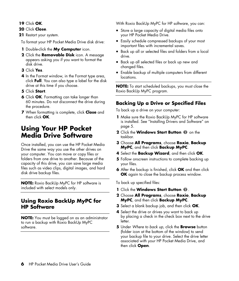 Using your hp pocket media drive software, Using roxio backup mypc for hp software | HP PD5000 Pocket Media Drive User Manual | Page 10 / 14