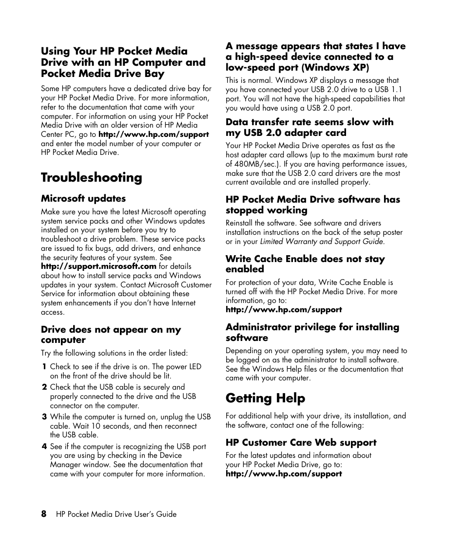 Troubleshooting, Getting help | HP PD5000 Pocket Media Drive User Manual | Page 12 / 14