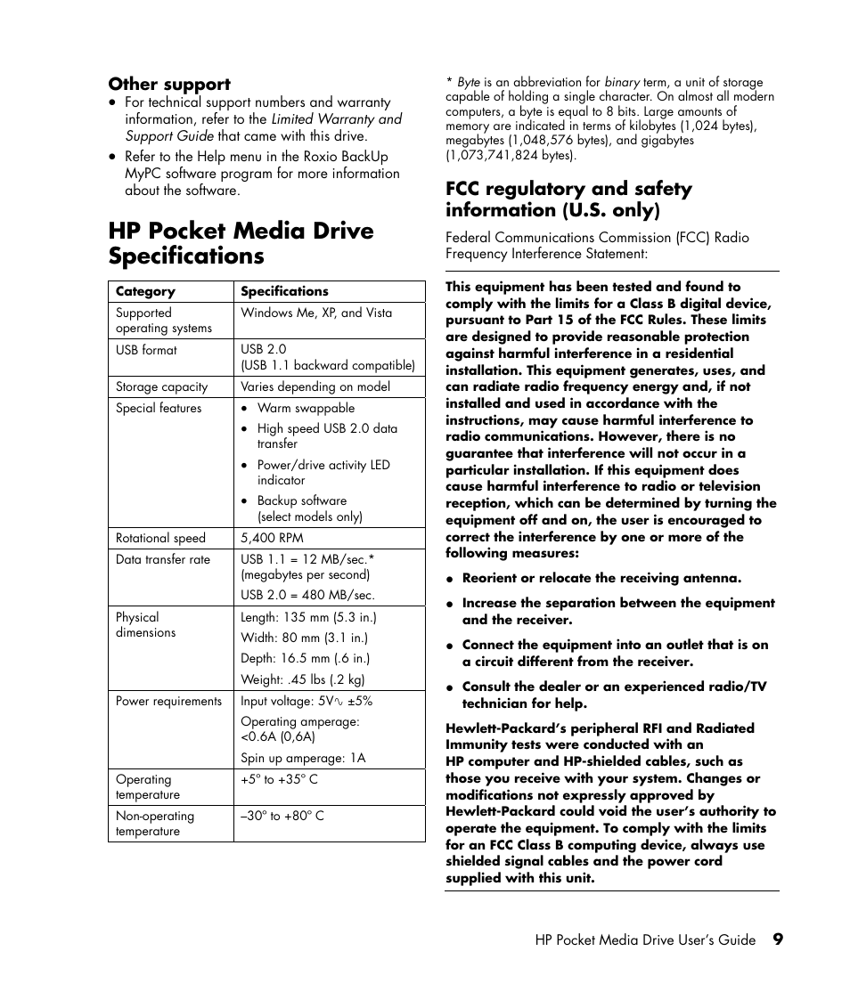 Hp pocket media drive specifications, Fcc regulatory and safety information (u.s. only) | HP PD5000 Pocket Media Drive User Manual | Page 13 / 14