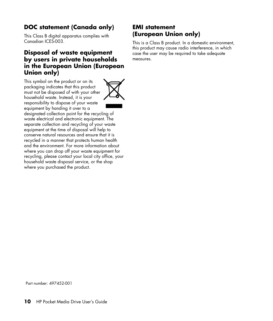 Doc statement (canada only), Emi statement (european union only) | HP PD5000 Pocket Media Drive User Manual | Page 14 / 14