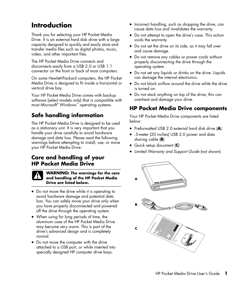 Introduction, Safe handling information, Care and handling of your hp pocket media drive | Hp pocket media drive components | HP PD5000 Pocket Media Drive User Manual | Page 5 / 14