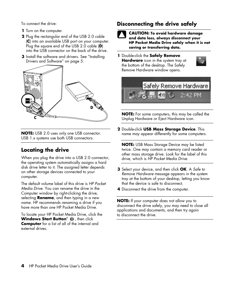Locating the drive, Disconnecting the drive safely | HP PD5000 Pocket Media Drive User Manual | Page 8 / 14