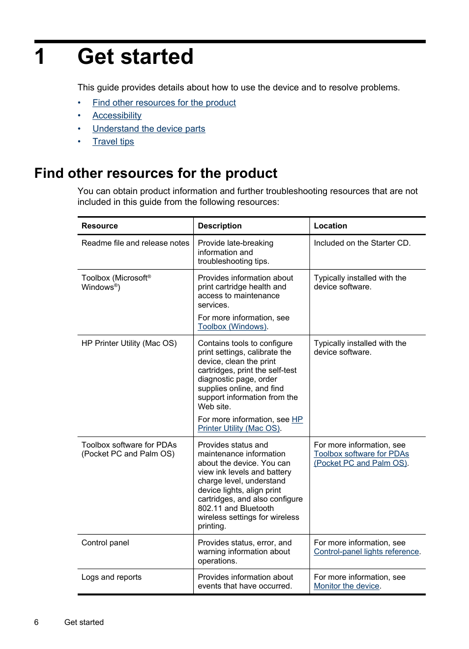 Get started, Find other resources for the product, 1 get started | 1get started | HP Officejet H470wf Mobile Printer User Manual | Page 10 / 132