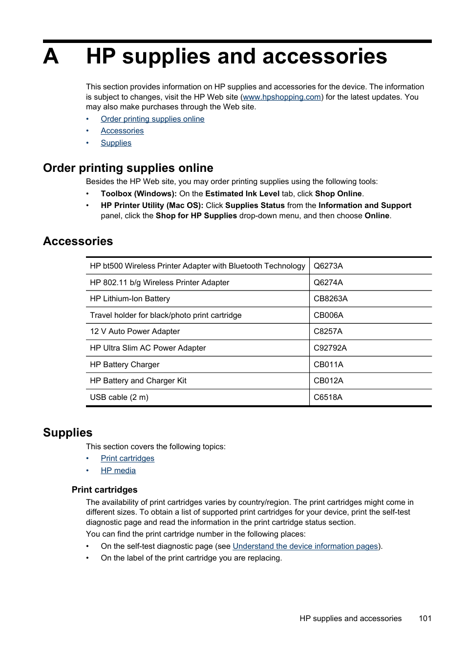 Hp supplies and accessories, Order printing supplies online, Accessories | Supplies, Print cartridges, A hp supplies and accessories, Print cartridges hp media, Supplies and accessories, The carrying case, Hp supplies and | HP Officejet H470wf Mobile Printer User Manual | Page 105 / 132