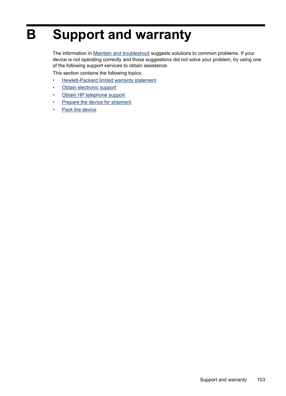 Support and warranty, B support and warranty, Help, see | Bsupport and warranty | HP Officejet H470wf Mobile Printer User Manual | Page 107 / 132