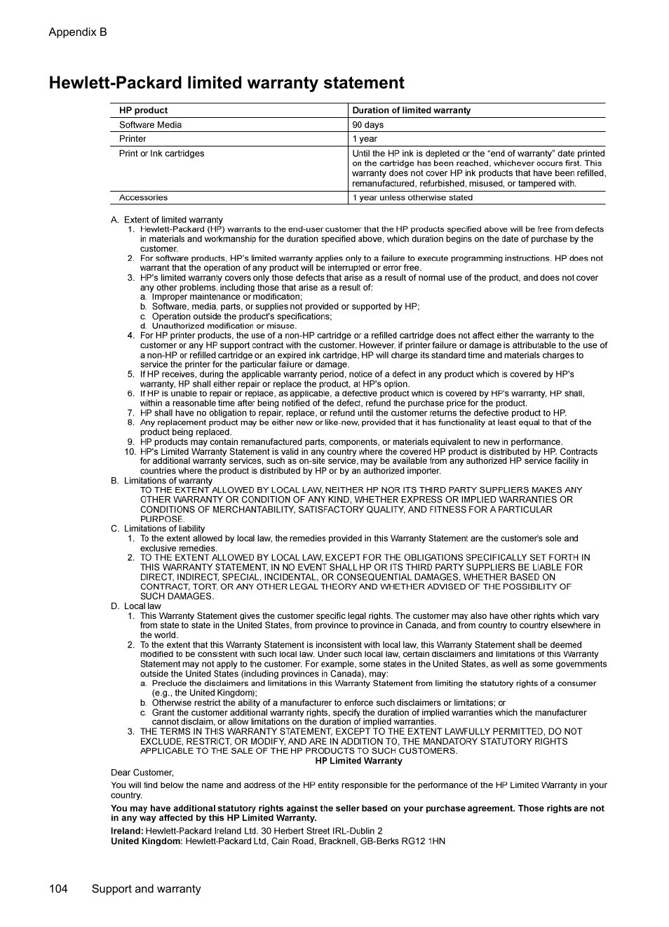 Hewlett-packard limited warranty statement | HP Officejet H470wf Mobile Printer User Manual | Page 108 / 132