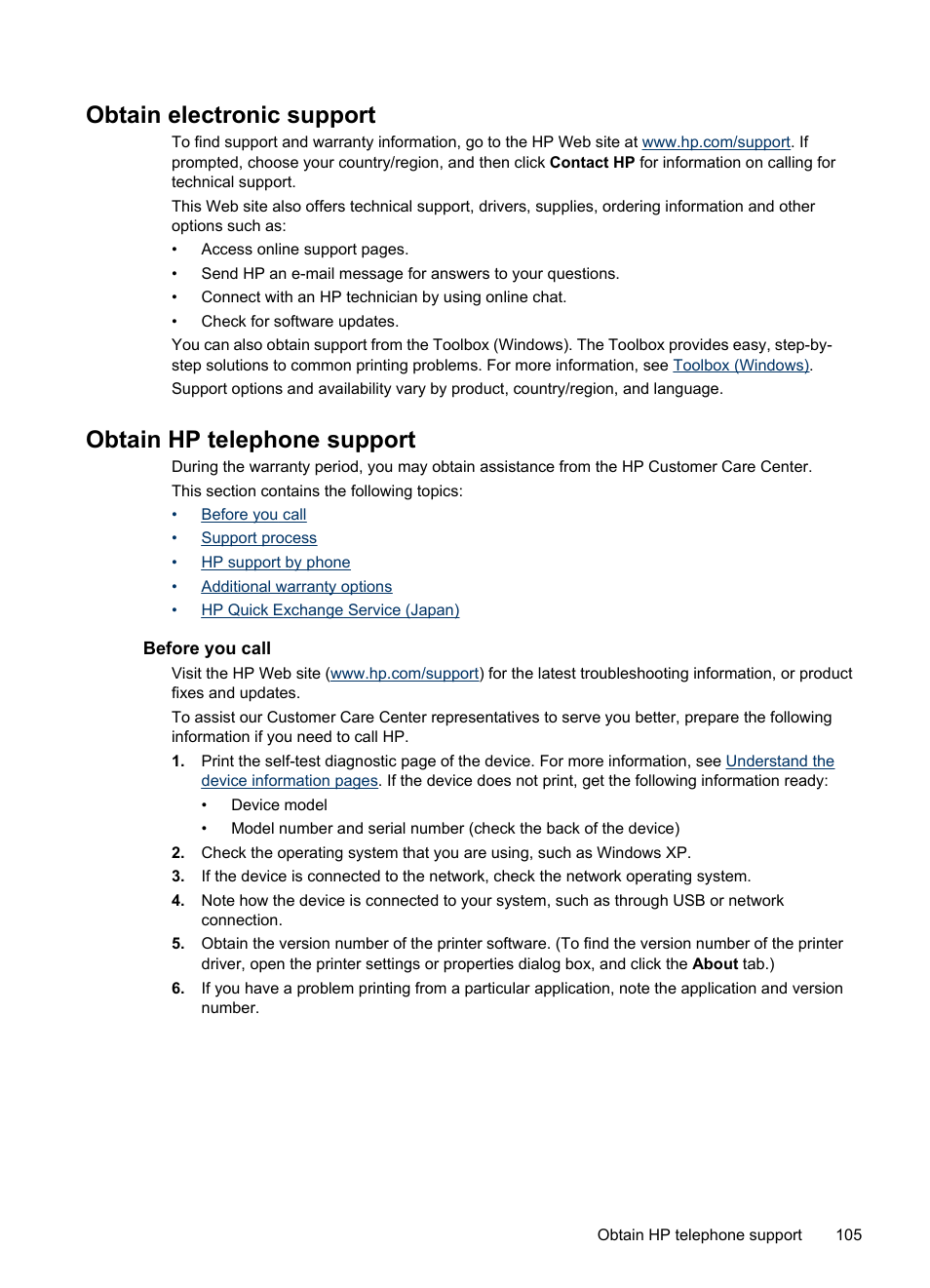 Obtain electronic support, Obtain hp telephone support, Before you call | HP Officejet H470wf Mobile Printer User Manual | Page 109 / 132
