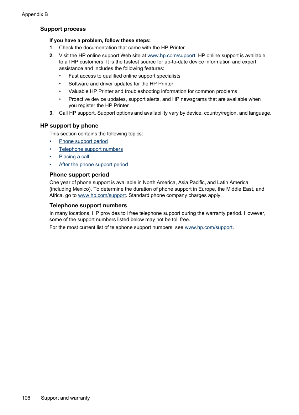 Support process, Hp support by phone, Phone support period | Telephone support numbers | HP Officejet H470wf Mobile Printer User Manual | Page 110 / 132