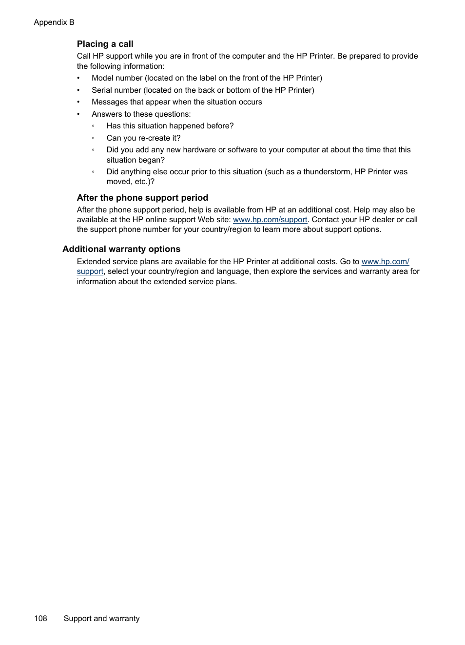 Placing a call, After the phone support period, Additional warranty options | HP Officejet H470wf Mobile Printer User Manual | Page 112 / 132