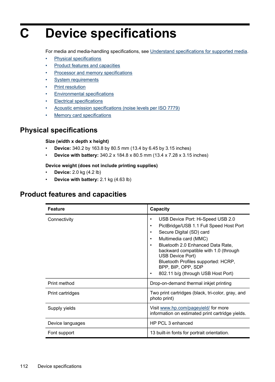 Device specifications, Physical specifications, Product features and capacities | C device specifications, Cdevice specifications | HP Officejet H470wf Mobile Printer User Manual | Page 116 / 132