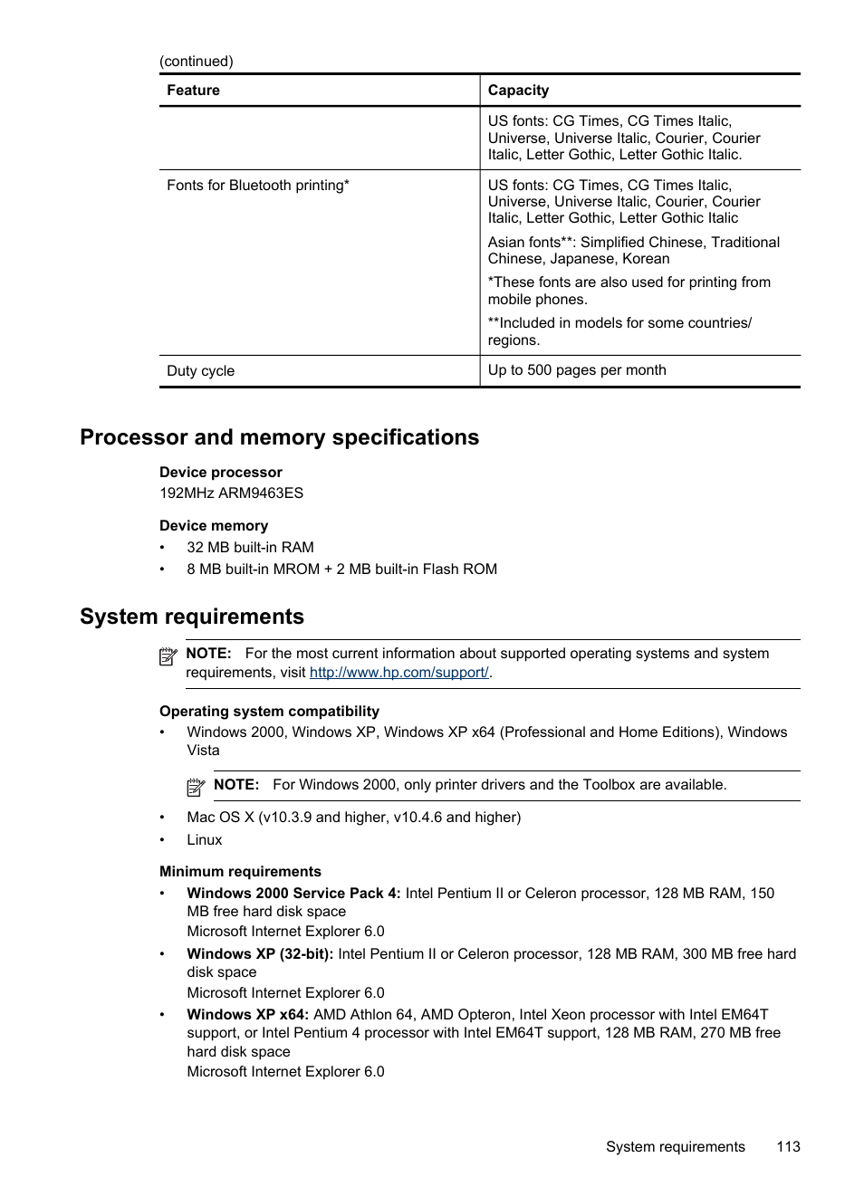 Processor and memory specifications, System requirements | HP Officejet H470wf Mobile Printer User Manual | Page 117 / 132