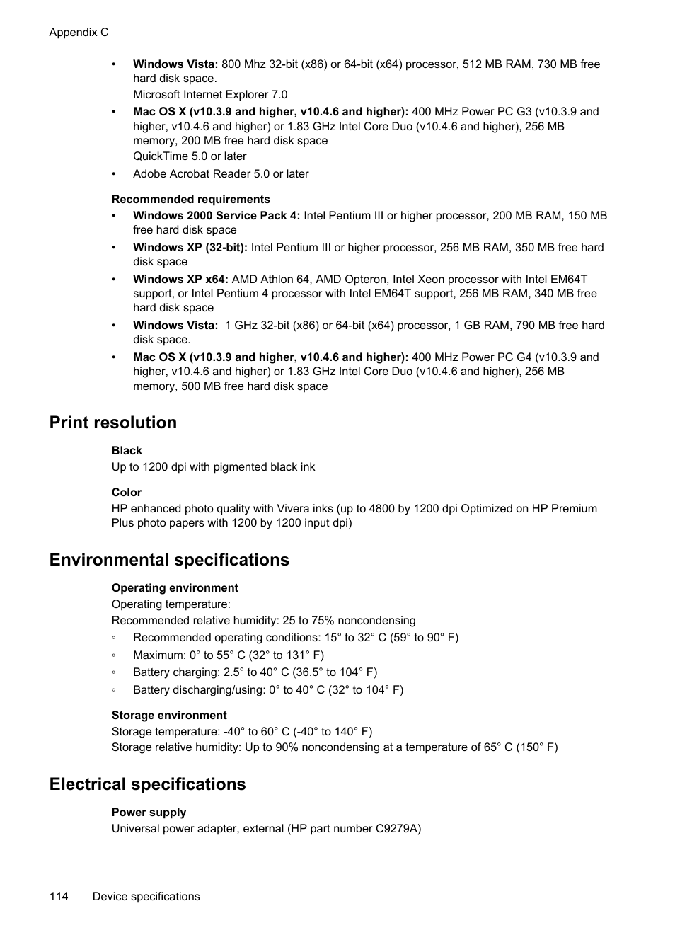 Print resolution, Environmental specifications, Electrical specifications | Electrical, Specifications | HP Officejet H470wf Mobile Printer User Manual | Page 118 / 132