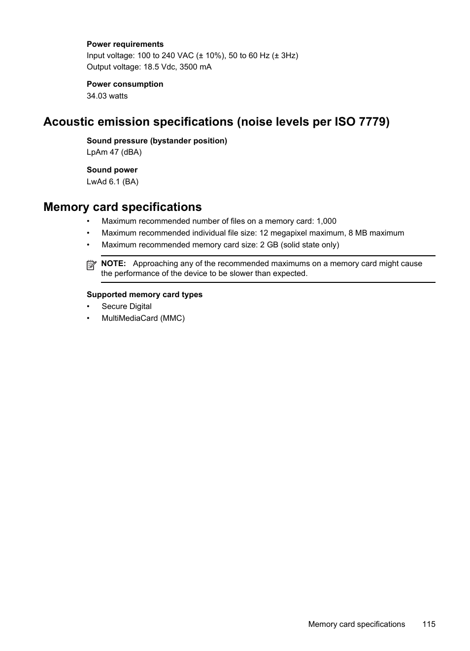 Memory card specifications | HP Officejet H470wf Mobile Printer User Manual | Page 119 / 132