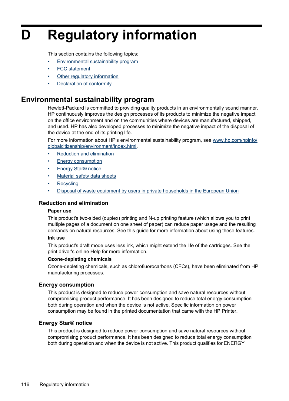 Regulatory information, Environmental sustainability program, Reduction and elimination | Energy consumption, Energy star® notice, D regulatory information, Dregulatory information | HP Officejet H470wf Mobile Printer User Manual | Page 120 / 132