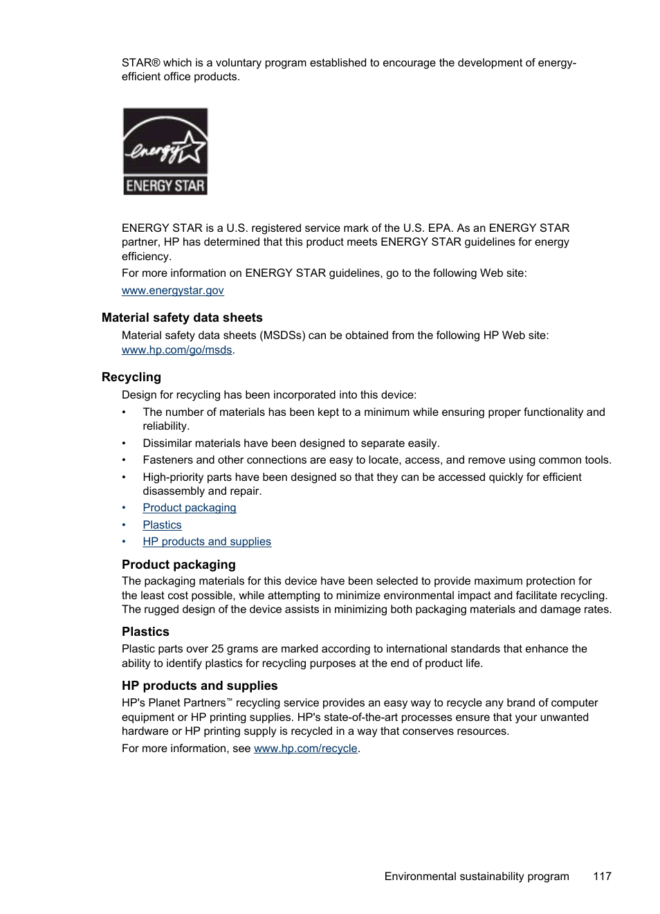 Material safety data sheets, Recycling, Product packaging | Plastics, Hp products and supplies, Information, see | HP Officejet H470wf Mobile Printer User Manual | Page 121 / 132