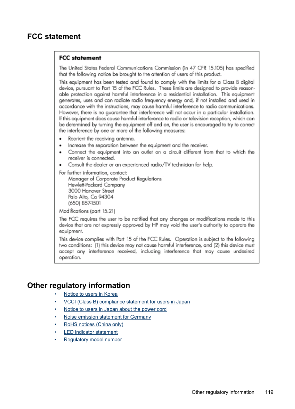 Fcc statement, Other regulatory information, Fcc statement other regulatory information | HP Officejet H470wf Mobile Printer User Manual | Page 123 / 132