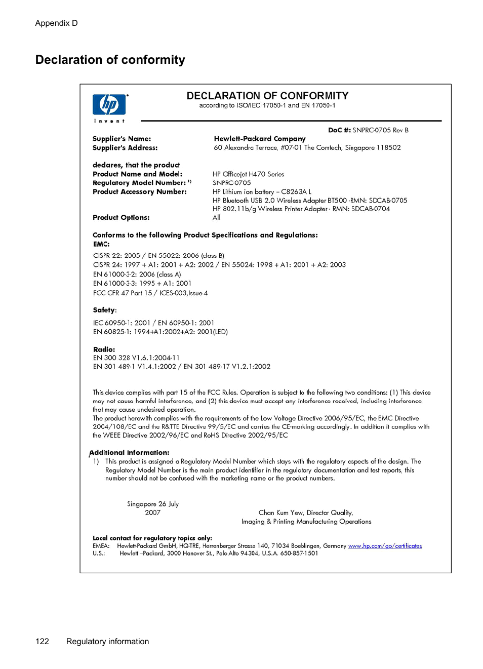 Declaration of conformity | HP Officejet H470wf Mobile Printer User Manual | Page 126 / 132