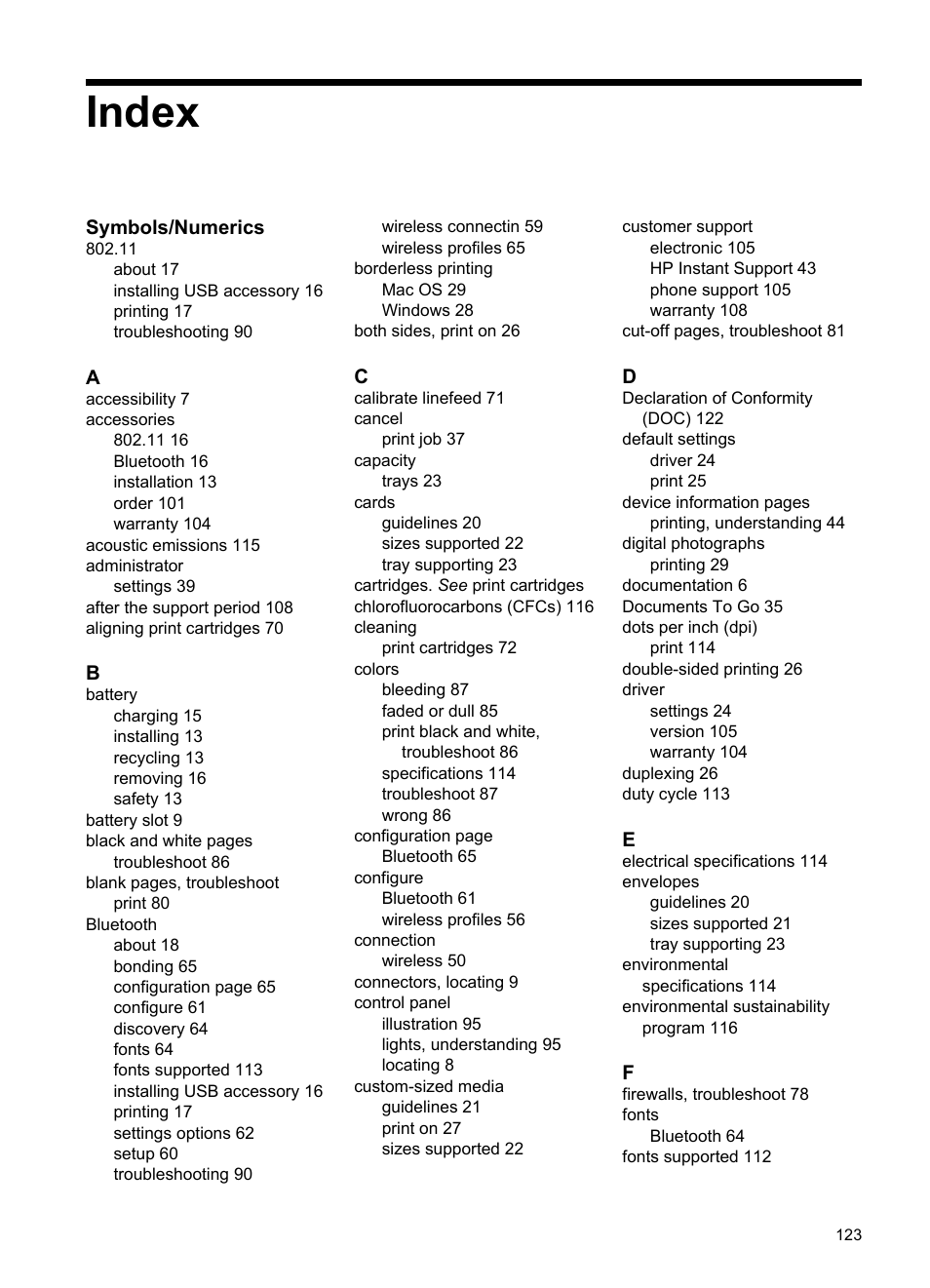 Index | HP Officejet H470wf Mobile Printer User Manual | Page 127 / 132