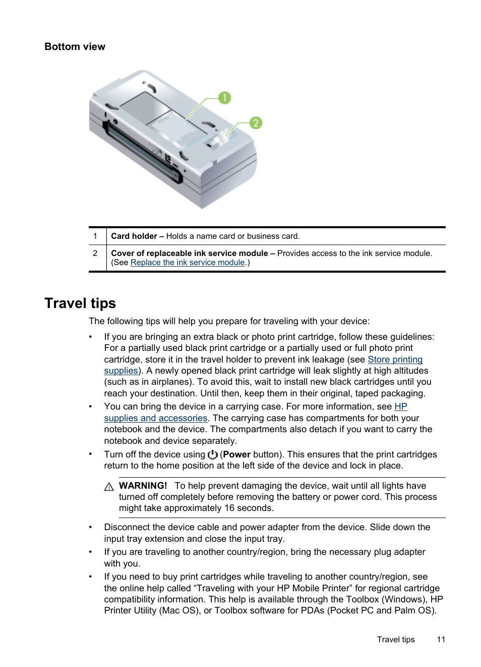 Bottom view, Travel tips | HP Officejet H470wf Mobile Printer User Manual | Page 15 / 132