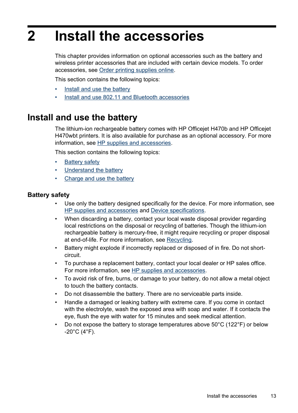 Install the accessories, Install and use the battery, Battery safety | 2 install the accessories, 2install the accessories | HP Officejet H470wf Mobile Printer User Manual | Page 17 / 132