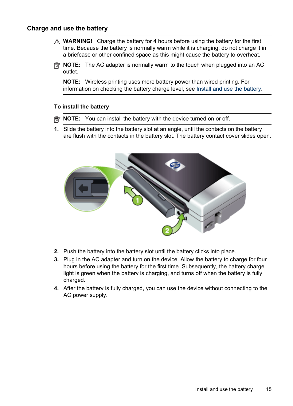 Charge and use the battery | HP Officejet H470wf Mobile Printer User Manual | Page 19 / 132