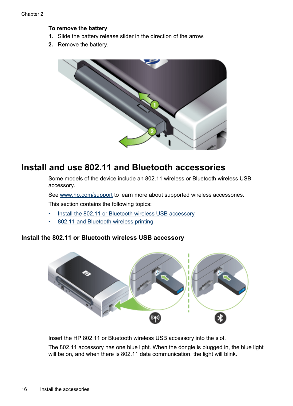 Install and use 802.11 and bluetooth accessories, About 802.11 about bluetooth | HP Officejet H470wf Mobile Printer User Manual | Page 20 / 132