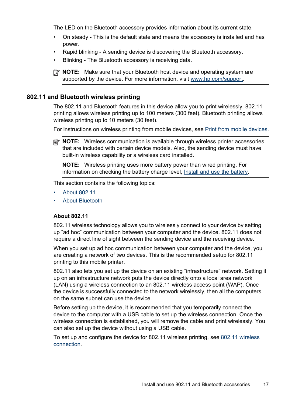 11 and bluetooth wireless printing, About 802.11 | HP Officejet H470wf Mobile Printer User Manual | Page 21 / 132