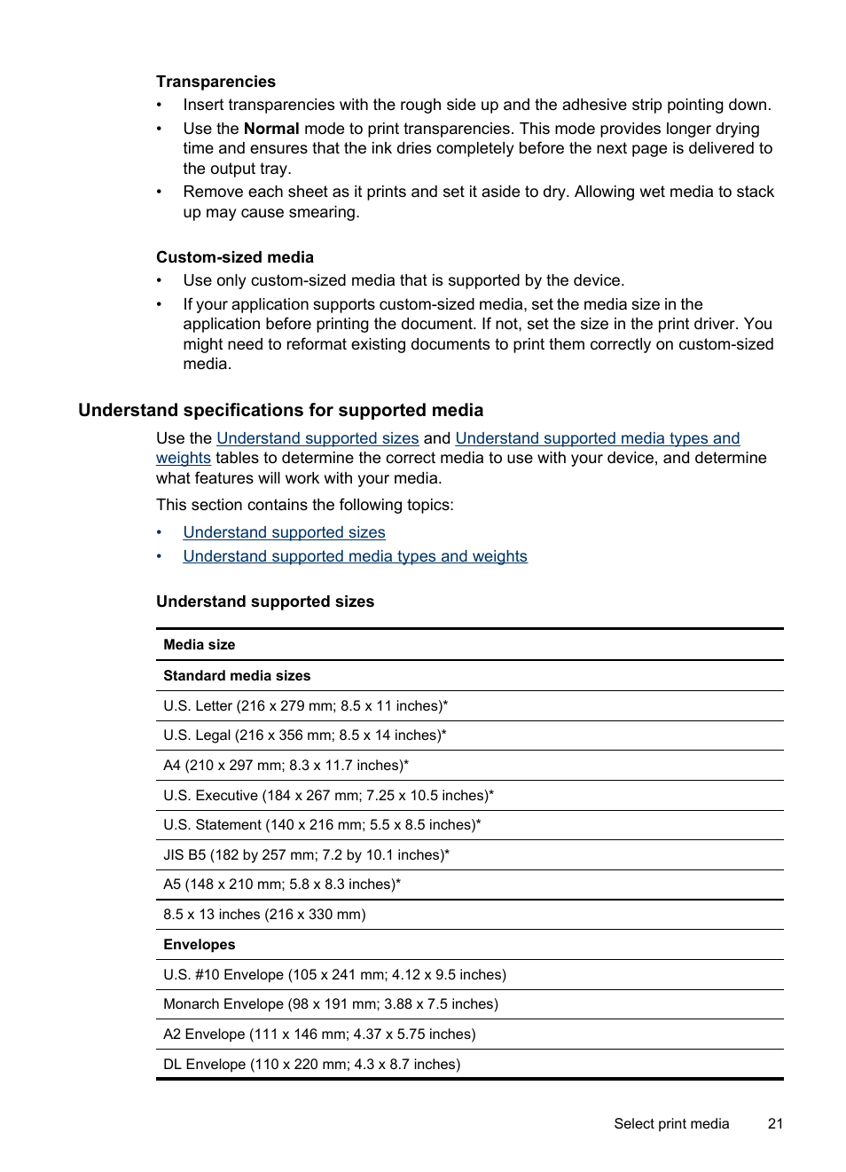 Understand specifications for supported media, Understand supported sizes, Understand specifications for | Supported media | HP Officejet H470wf Mobile Printer User Manual | Page 25 / 132