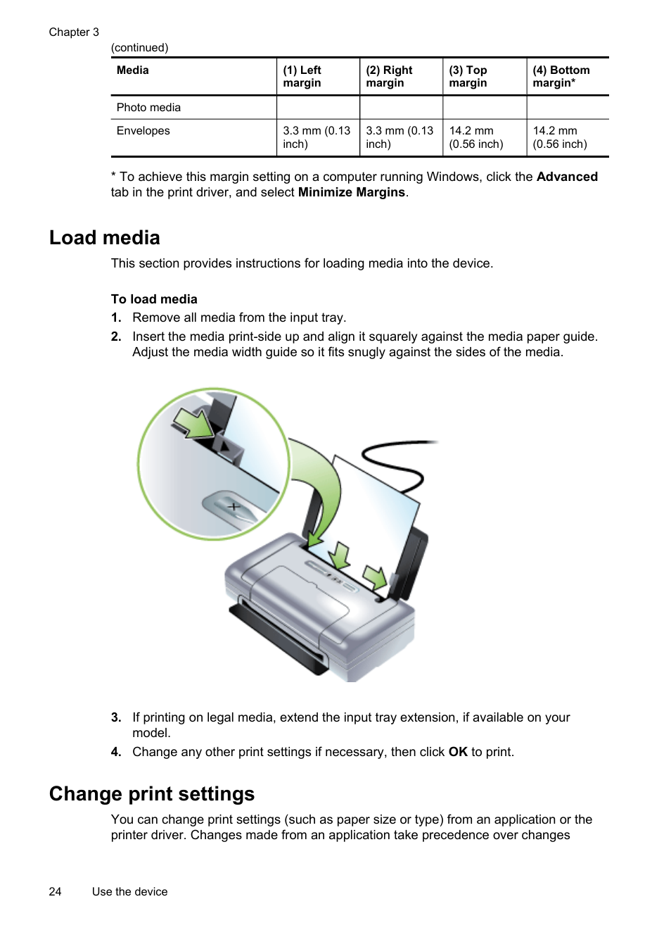 Load media, Change print settings, Load media change print settings | HP Officejet H470wf Mobile Printer User Manual | Page 28 / 132