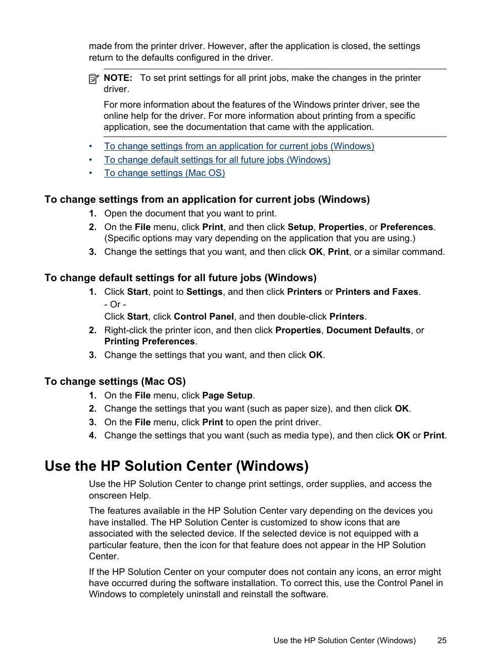 To change settings (mac os), Use the hp solution center (windows) | HP Officejet H470wf Mobile Printer User Manual | Page 29 / 132