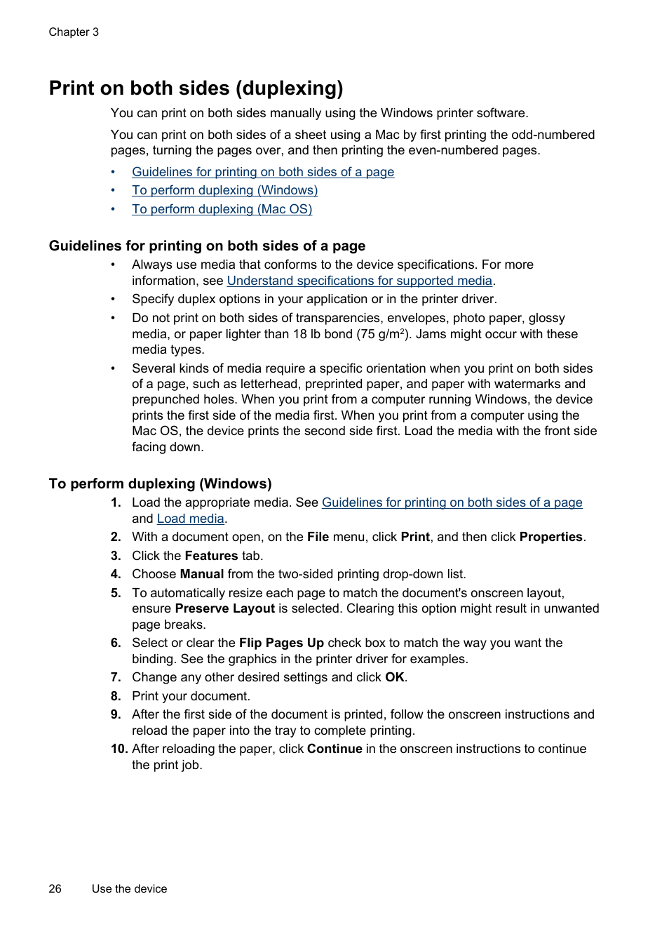 Print on both sides (duplexing), To perform duplexing (windows) | HP Officejet H470wf Mobile Printer User Manual | Page 30 / 132