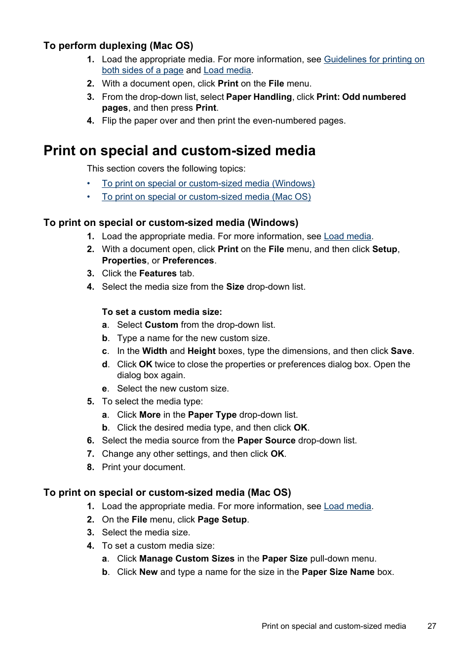 To perform duplexing (mac os), Print on special and custom-sized media, To print on special or custom-sized media (mac os) | HP Officejet H470wf Mobile Printer User Manual | Page 31 / 132