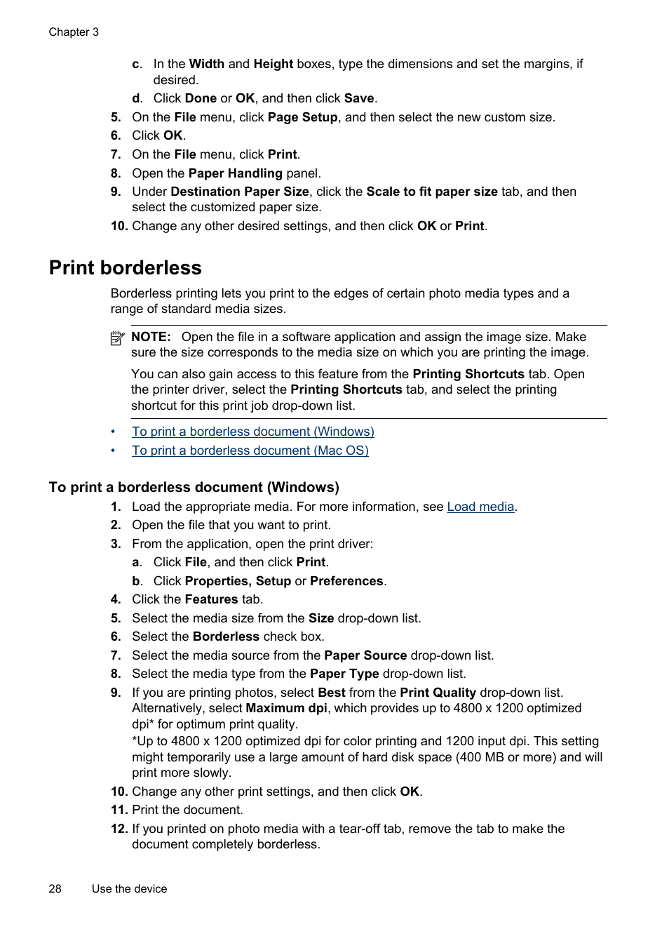 Print borderless, To print a borderless document (windows) | HP Officejet H470wf Mobile Printer User Manual | Page 32 / 132